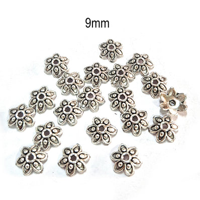 50pcs pack, Silver Plated Metal Bead Caps – Antique Oxidized Flower & Star Design Spacer Caps for Jewelry Making, Size Approximately 9mm