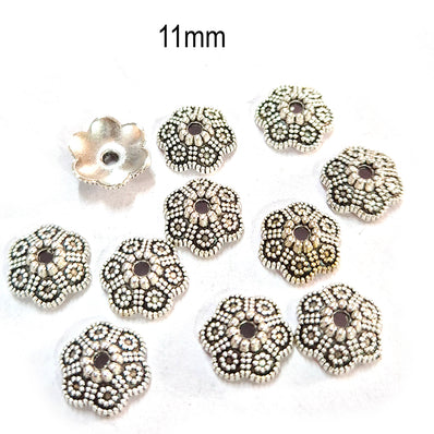 50pcs pack, Silver Plated Metal Bead Caps – Antique Oxidized Flower & Star Design Spacer Caps for Jewelry Making, Size Approximately 11mm