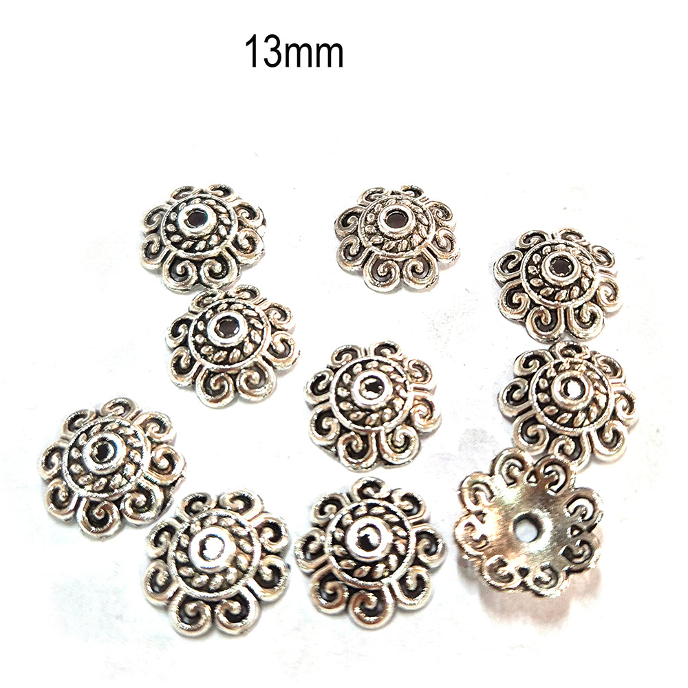 50pcs pack, Silver Plated Metal Bead Caps – Antique Oxidized Flower & Star Design Spacer Caps for Jewelry Making, Size Approximately 13mm