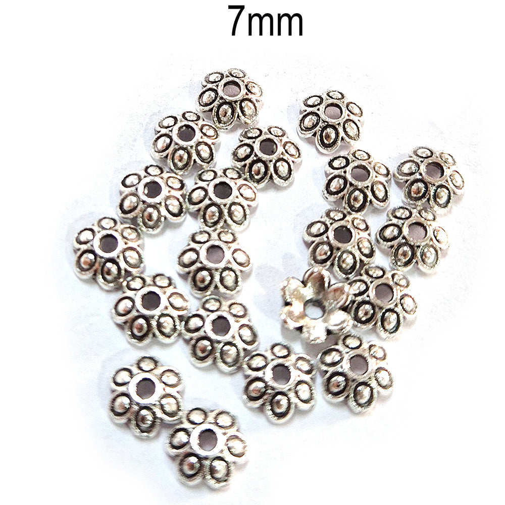50pcs pack, Silver Plated Metal Bead Caps – Antique Oxidized Flower & Star Design Spacer Caps for Jewelry Making, Size Approximately 7mm