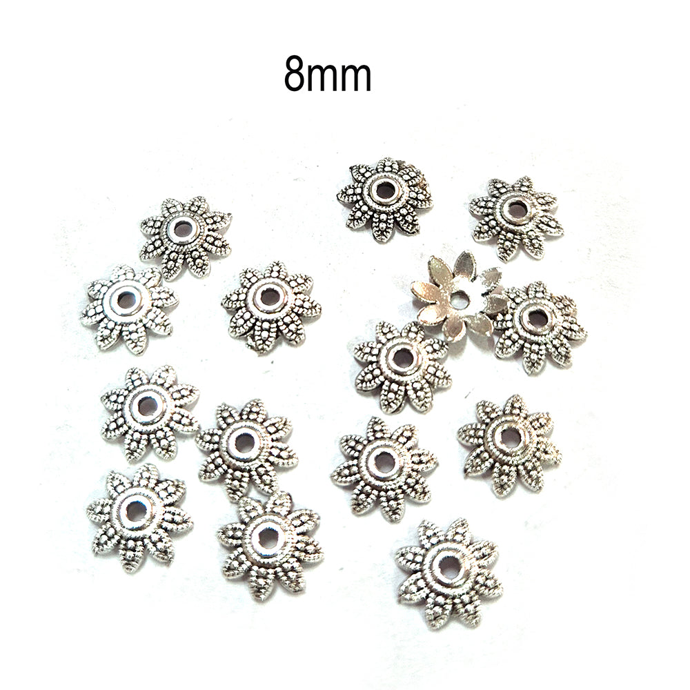 50pcs pack, Silver Plated Metal Bead Caps – Antique Oxidized Flower & Star Design Spacer Caps for Jewelry Making, Size Approximately 8mm