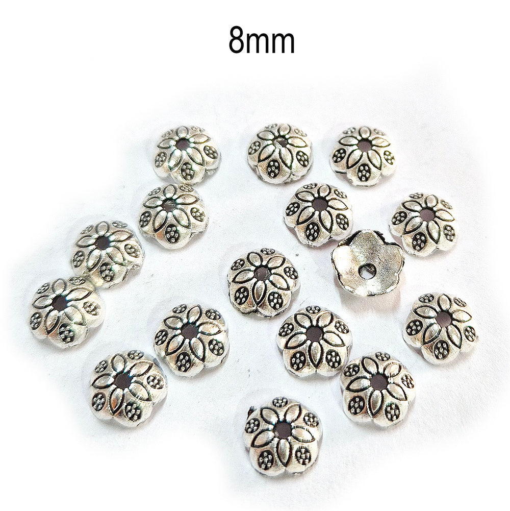 50pcs pack, Silver Plated Metal Bead Caps – Antique Oxidized Flower & Star Design Spacer Caps for Jewelry Making, Size Approximately 8mm