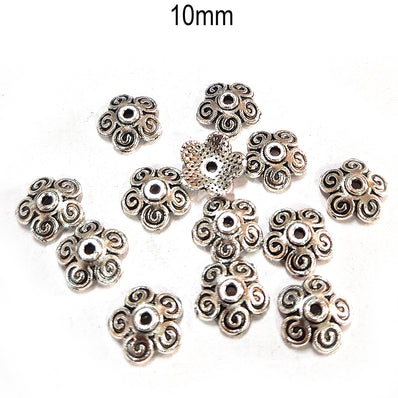 50pcs pack, Silver Plated Metal Bead Caps – Antique Oxidized Flower & Star Design Spacer Caps for Jewelry Making, Size Approximately 10mm