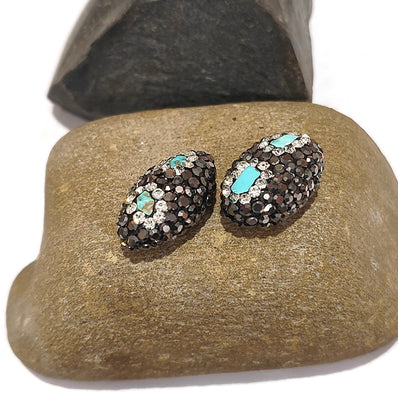 2pcs pkg. Black Oval with turquoise inlay Pave Beads in Size about 22x14mm