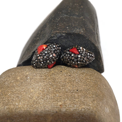 2pcs pkg. Black Oval with coral stone inlay Pave Beads in Size about 22x14mm