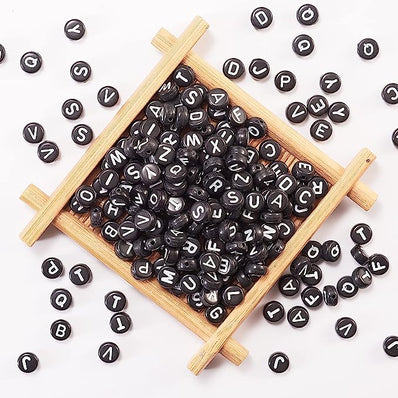 BLACK ALPHABET CUBE BEADS - ACRYLIC FLAT ROUND OPAQUE - RANDOM MIX - 6 MM  '200 PCS PACK