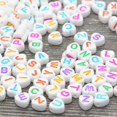 OPAQUE WHITE HEART MULTICOLOR' ALPHABET BEADS RANDOM MIX 5-6 MM '200 PCS PACK