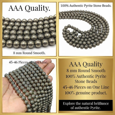 AAA Quality 8mm Pyrite Stone Beads Round Smooth | 45-46 Beads Per String | Natural Genuine Gemstone