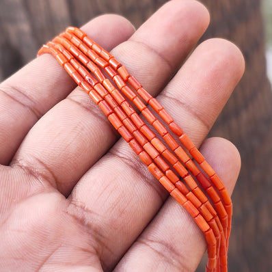 4X2 MM APPROX SIZE' GENUINE CORAL ORANGE SMOOTH TUBE SHAPE BEADS, APPROX 90-92 BEADS' SOLD BY PER LINE PACK