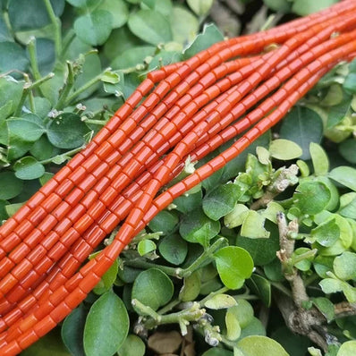 4X2 MM APPROX SIZE' GENUINE CORAL ORANGE SMOOTH TUBE SHAPE BEADS, APPROX 90-92 BEADS' SOLD BY PER LINE PACK