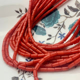 4X2 MM APPROX SIZE' GENUINE CORAL RED SMOOTH TUBE SHAPE BEADS, APPROX 90-92 BEADS' SOLD BY PER LINE PACK