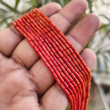 4X2 MM APPROX SIZE' GENUINE CORAL RED SMOOTH TUBE SHAPE BEADS, APPROX 90-92 BEADS' SOLD BY PER LINE PACK