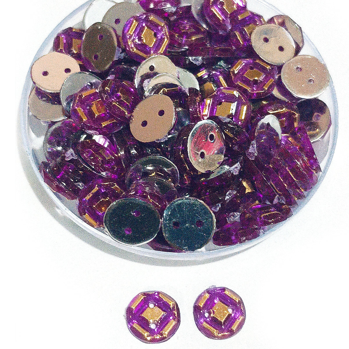 50grams Pack, 8mm Acrylic Rhinestone 2 Hole Sew On Stones Blue Gold Design