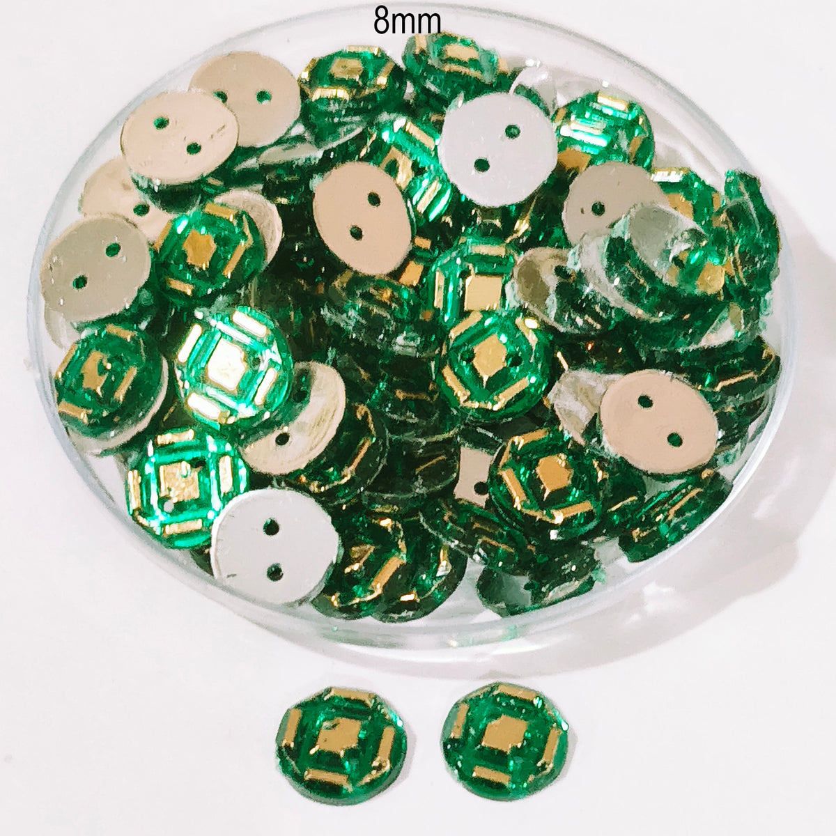 50grams Pack, 8mm Acrylic Rhinestone 2 Hole Sew On Stones Blue Gold Design