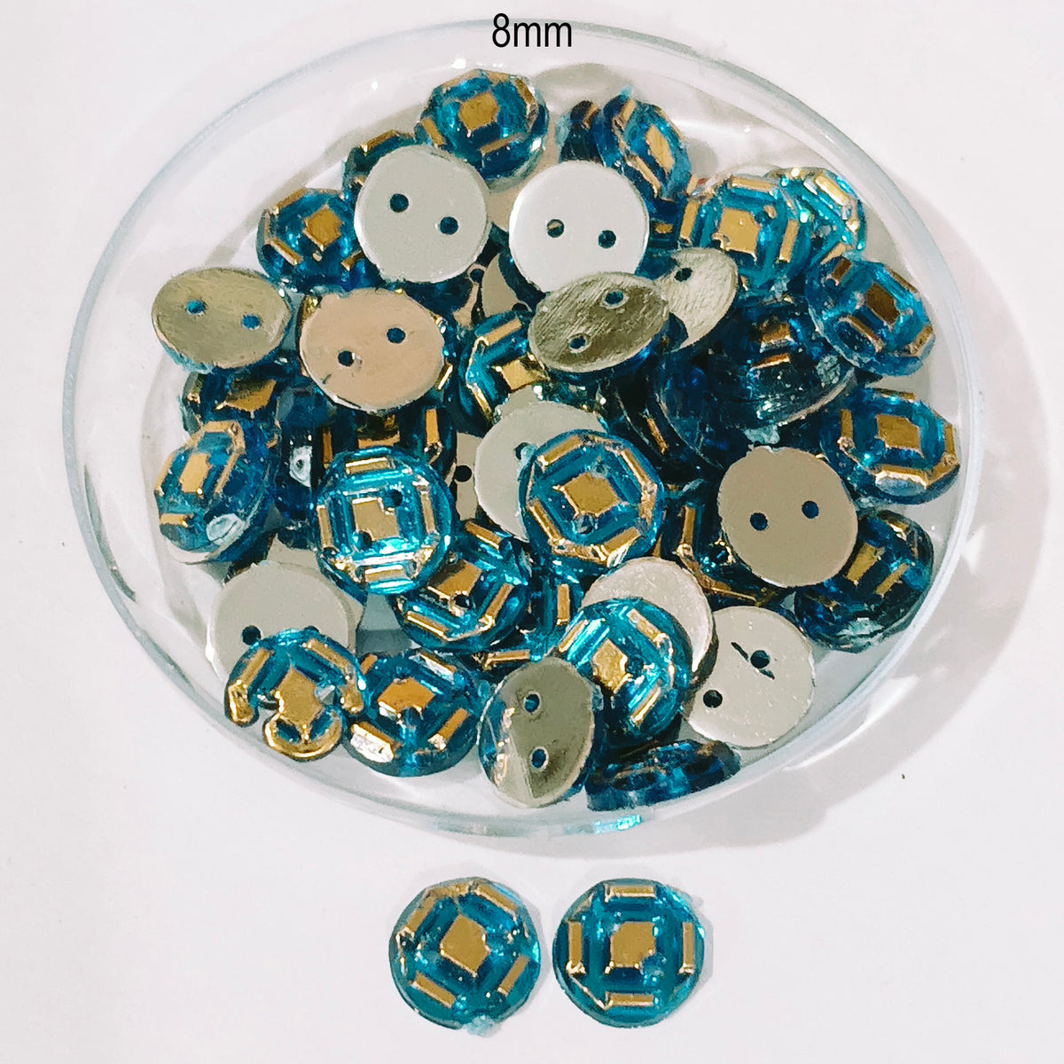 50grams Pack, 8mm Acrylic Rhinestone 2 Hole Sew On Stones Blue Gold Design