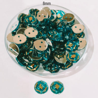 50grams Pack, 8mm Acrylic Rhinestone 2 Hole Sew On Stones Blue Gold Design