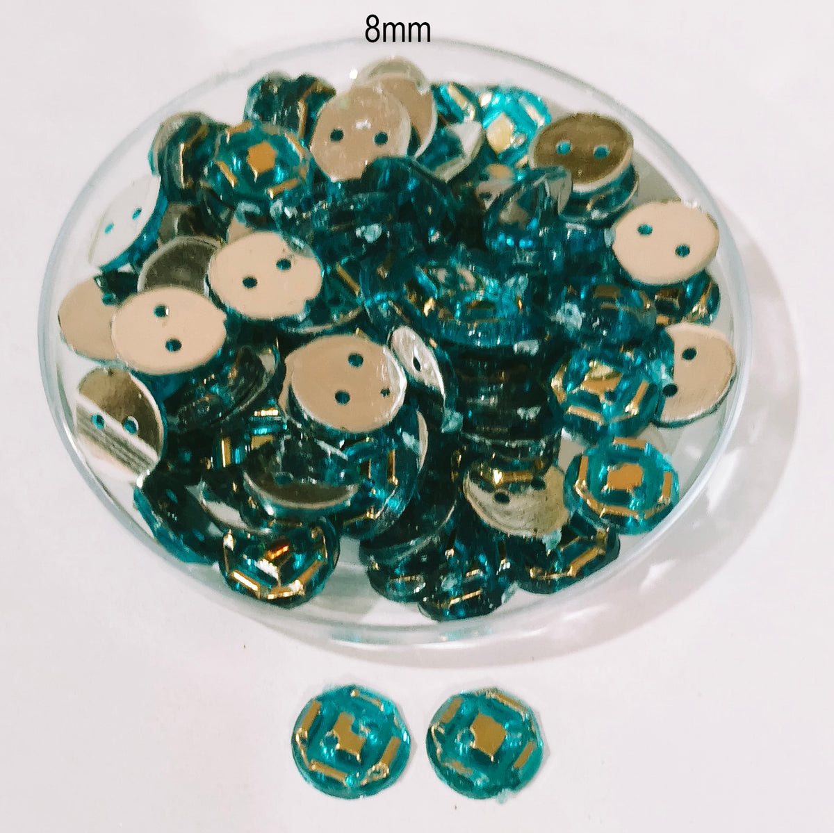 50grams Pack, 8mm Acrylic Rhinestone 2 Hole Sew On Stones Blue Gold Design