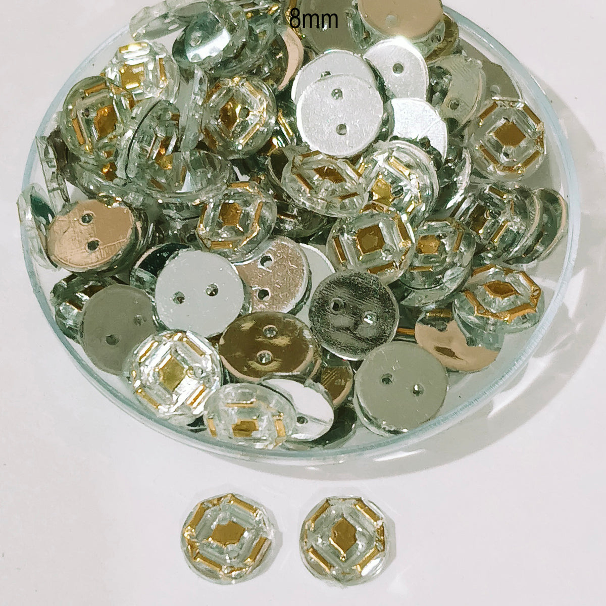 50grams Pack, 8mm Acrylic Rhinestone 2 Hole Sew On Stones Blue Gold Design