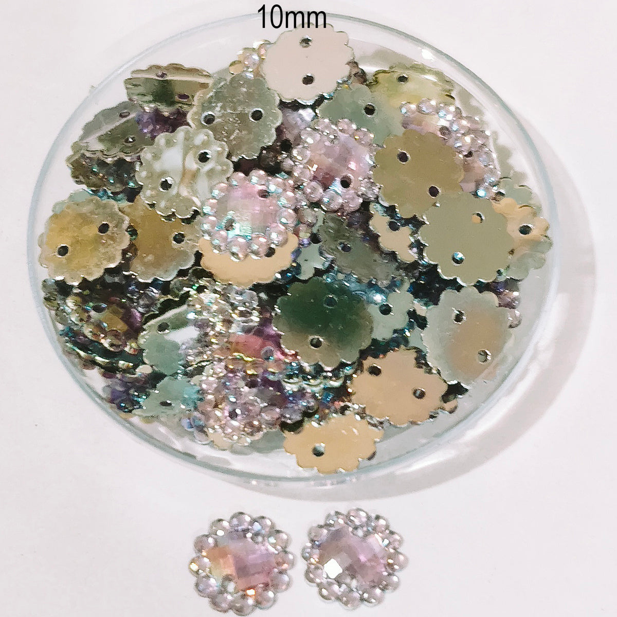 50grams pack, 10mm Acrylic Rhinestone 2 Hole Sew On Stones  Flower Design