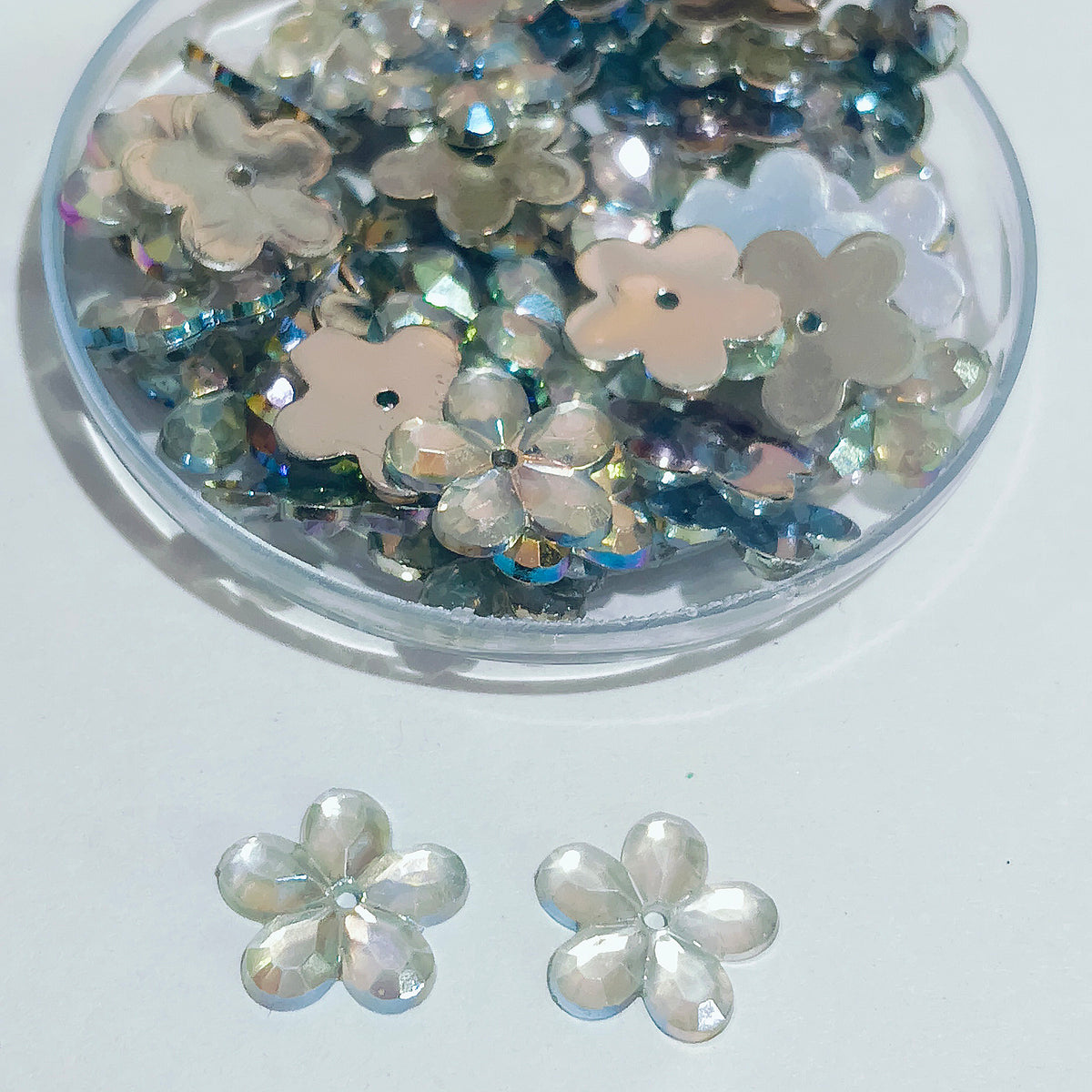 50grams pack, Acrylic Rhinestone Flower Shape Flatback – 11mm  Colors Available, High Shine Crystal Finish