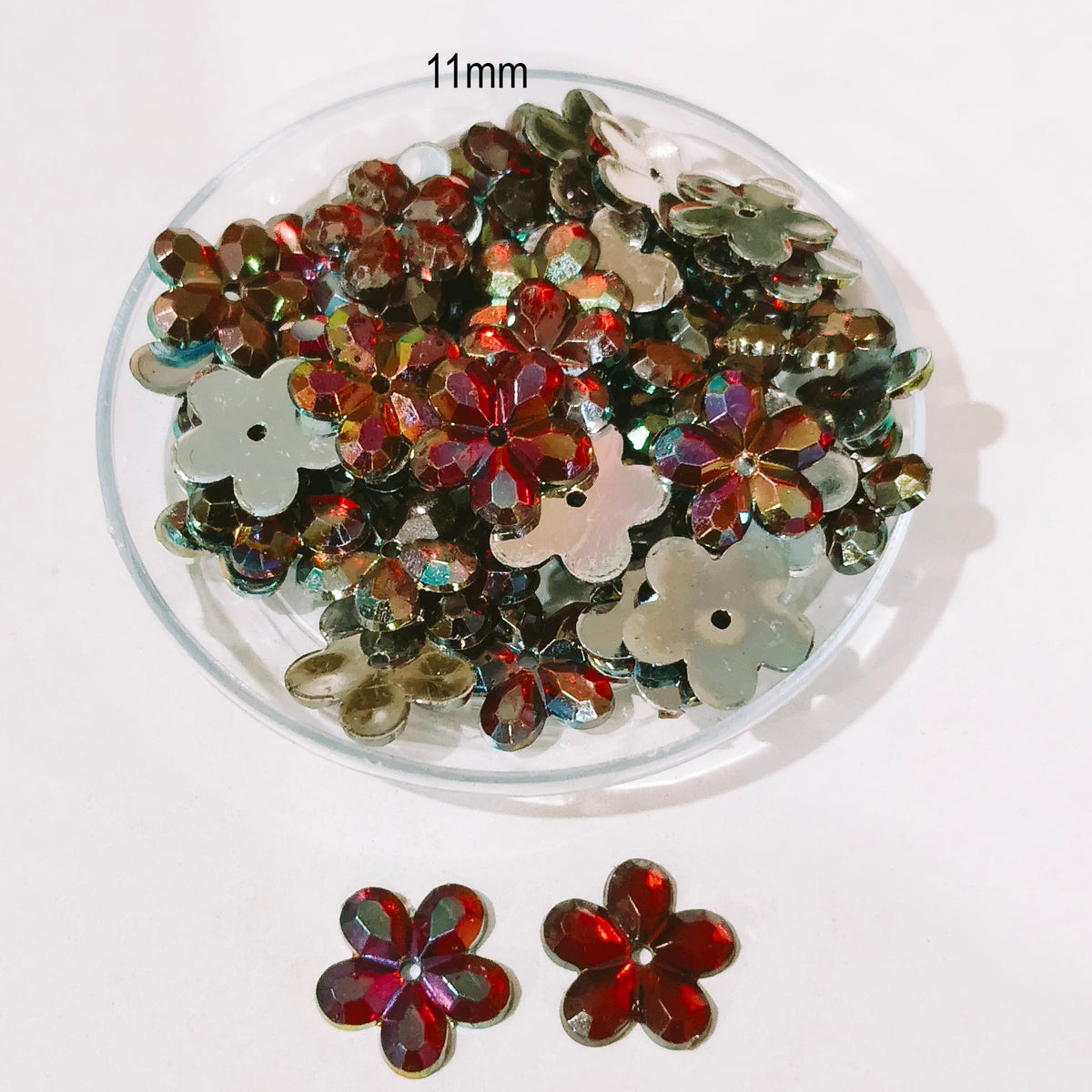 50grams pack, Acrylic Rhinestone Flower Shape Flatback – 11mm  Colors Available, High Shine Crystal Finish