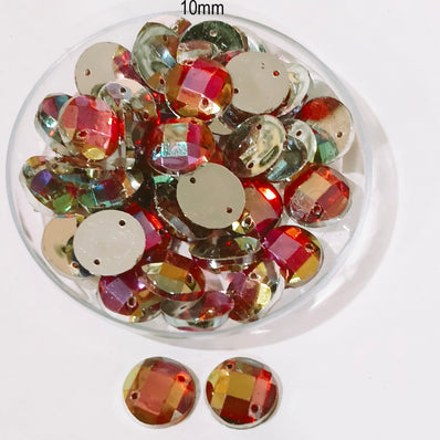 Pack of 50 grams, Acrylic Rhinestone Round Shape Sew-On – 10mm e Faceted Crystal Look