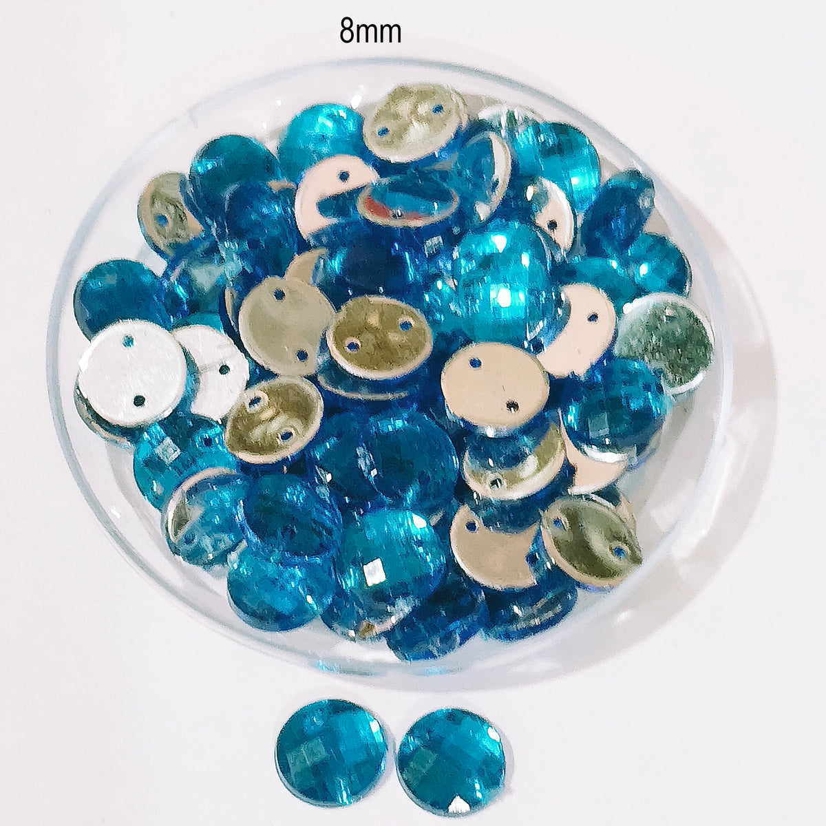Pack of 50 grams, Acrylic Rhinestone Round Shape Sew-On – 8mm e Faceted Crystal Look
