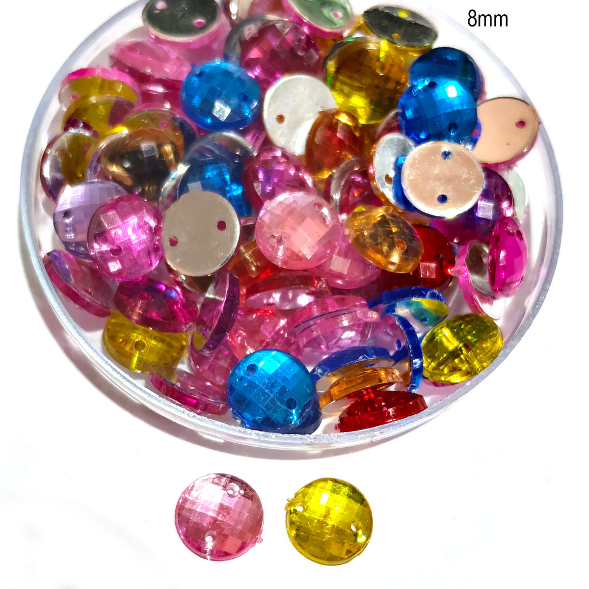 Pack of 50 grams, Acrylic Rhinestone Round Shape Sew-On – 8mm e Faceted Crystal Look