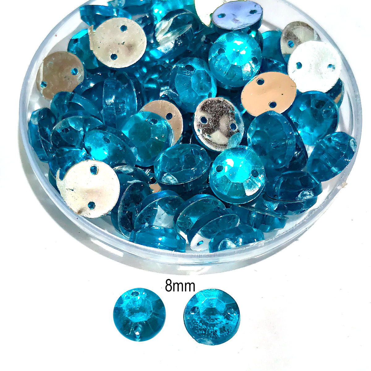 Pack of 50 grams, Acrylic Rhinestone Round Shape Sew-On – 8mm e Faceted Crystal Look