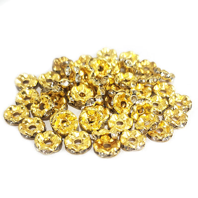 100 PCS RHINESTONE 7-8 MM GOLD RONDELLES CRYSTAL LOOSE SPACER BEADS FOR DIY JEWELRY MAKING