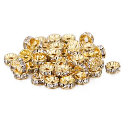 100 PCS RHINESTONE 7-8 MM GOLD RONDELLES CRYSTAL LOOSE SPACER BEADS FOR DIY JEWELRY MAKING
