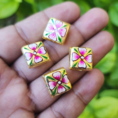 2 PIECES PACK' 14 MM APPROX HANPAINTED DESIGNER BRUSHED BEADS GOLD POLISHED