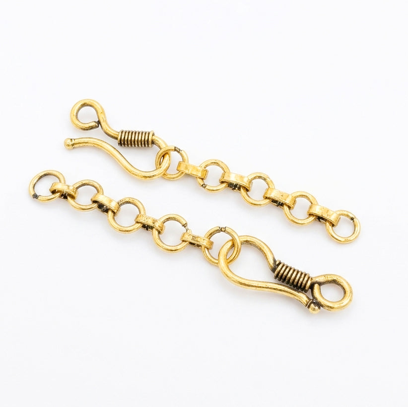 Antique Gold Finish Brass S-Hook Clasp with Chain Extension – Jewelry Making Findings (5 Pieces)