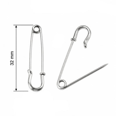 32mm Silver Safety Pin Brooch Pins | Metal Safety Pin Findings | 10 Pieces Pack