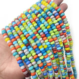 RONDEL SHAPE' 6X8 MM' PLAIN SMOOTH SURFACE 16 INCHES LONG' 84-86 PIECES' ORIGINAL COLOR' NOT DYED GLASS BEADS SOLD BY PER LINE PACK