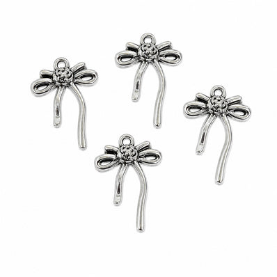 20pcs Silver Oxidized Tone Bow Charms with Flower Center, Vintage Ribbon Bow Pendant Charms for Bracelet Necklace Earrings DIY Jewelry Making Findings