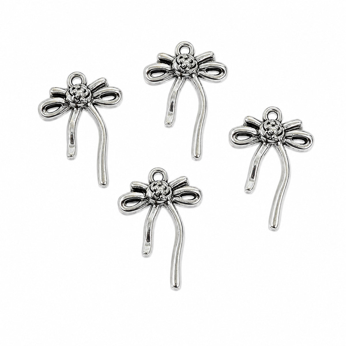 20pcs Silver Oxidized Tone Bow Charms with Flower Center, Vintage Ribbon Bow Pendant Charms for Bracelet Necklace Earrings DIY Jewelry Making Findings
