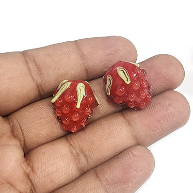 2 PCS RED STRAWBERRY LAMPWORK HANDMADE GLASS BEADS FINE QUALITY