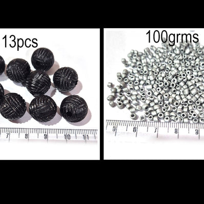 Sale Lot Acrylic Black beads and matt silver glass seed beads