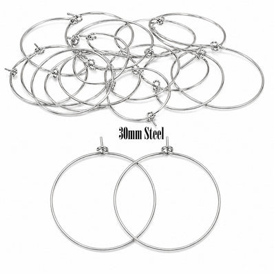 30mm Tarnish Resistant Stainless Steel Hoop Earring Findings - Pack of 40 Pieces | Thin Round Hoops for DIY Jewelry Making, Charms, Beads & Pearl Earrings