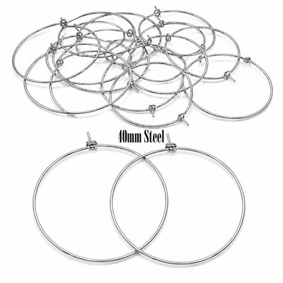 40mm Tarnish Resistant Stainless Steel Hoop Earring Findings – Pack of 40 Pieces | Thin Round Hoops for DIY Jewelry Making, Charms, Beads, Pearl & Pendant Earrings