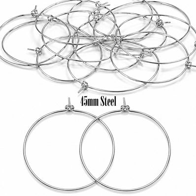 45mm Tarnish Resistant Stainless Steel Hoop Earring Findings – Pack of 40 Pieces | Thin Round Hoops for DIY Jewelry Making, Charms, Beads, Pearl & Pendant Earrings
