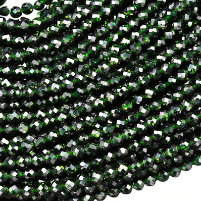 2 mm Green Goldstone (Sunstone) Faceted Round Beads – 185–190 Beads Per String – Semi Precious Gemstone Beads for Jewelry Making
