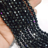 BLACK ONYX GLASS BEADS' 6 MM ROUND FACETED' 70-72 PIECES APPROX' SOLD BY PER LINE PACK