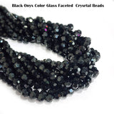 BLACK ONYX GLASS BEADS' 6 MM ROUND FACETED' 70-72 PIECES APPROX' SOLD BY PER LINE PACK