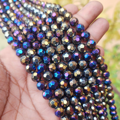 JEWELRY MAKING CRYSTAL FIRE POLISHED IMPORTED GLASS BEADS ROUND FACETED CUT AB SHAPE BLACK AB RAINBOW COLOR OPAQUE 8MM SIZE APPROXIMATELY 39-40 BEADS IN A STRING