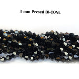 4 LINES PACK' SUPER QUALITY' 4 MM BI-CONE JET BLACK PRESSED GLASS BEADS' APPROX 80-84 BEADS PER SINGLE LINE