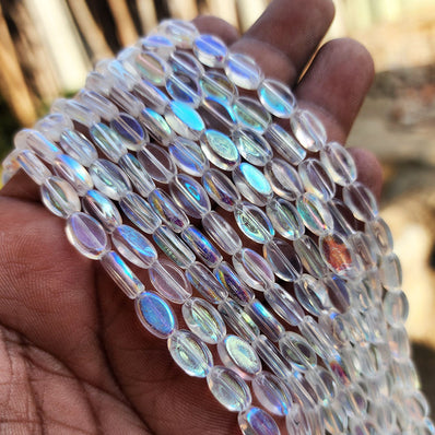 SUPER QUALITY' 10x6 MM FLAT OVAL PLAIN CLEAR WHITE AB FIRE POLISHED GLASS BEADS' APPROX 34-35 BEADS SOLD BY PER LINE PACK