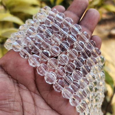 SUPER QUALITY' 10 MM SOFT FACETED CLEAR WHITE  FIRE POLISHED GLASS BEADS' APPROX 33-34 BEADS SOLD BY PER LINE PACK