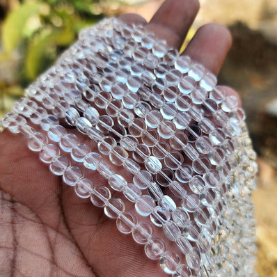 SUPER QUALITY' 6x5 MM PRESSED ROUND FLAT BUTTON SHAPE WHITE FIRE POLISHED GLASS BEADS' APPROX 59-60 BEADS SOLD BY PER LINE PACK